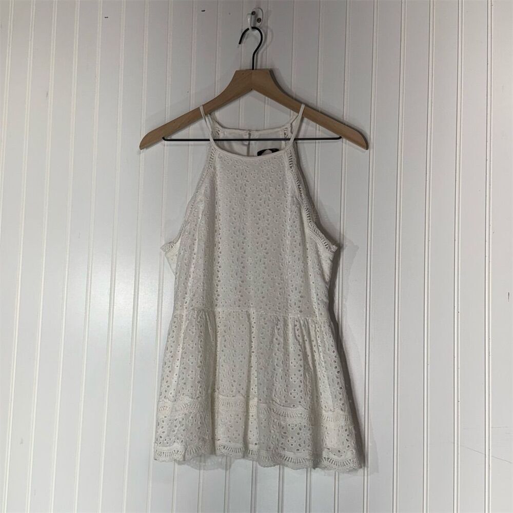 Doe‎ & Rae White Eyelet Lace Peplum Tank Top M Cotton Boho Cottagecore Summer